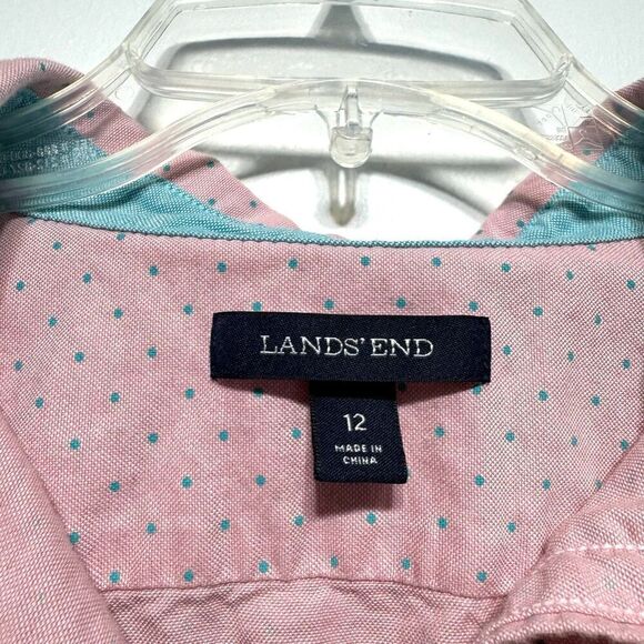Lands' End Button Up Shirt Pink Long Sleeve Blouse Top Polka Dot Womens sz 12 - Picture 3 of 7